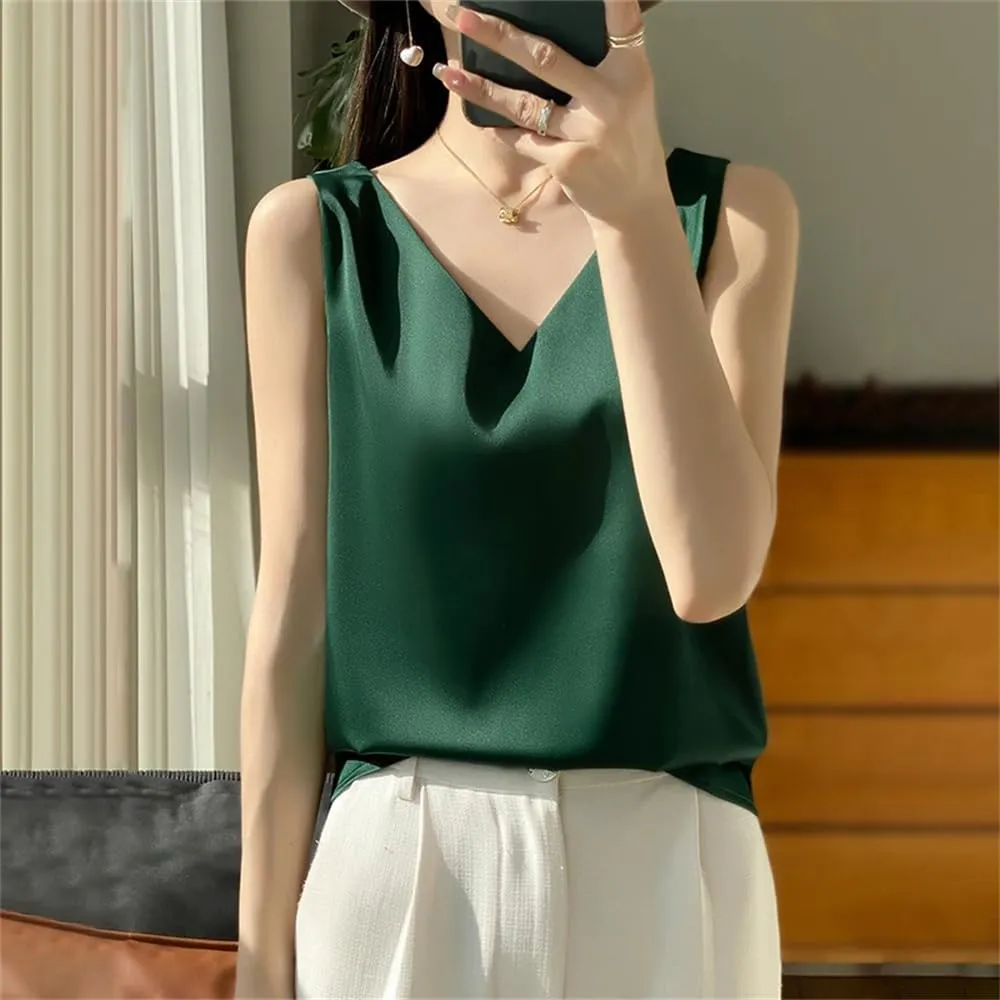 Women's Silk Satin Camisole Tank Top Summer V-Neck Sleeveless Bottom Shirts Crop Vest
