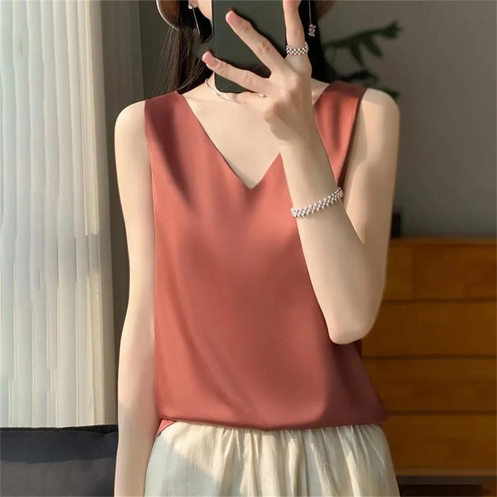 Women's Silk Satin Camisole Tank Top Summer V-Neck Sleeveless Bottom Shirts Crop Vest