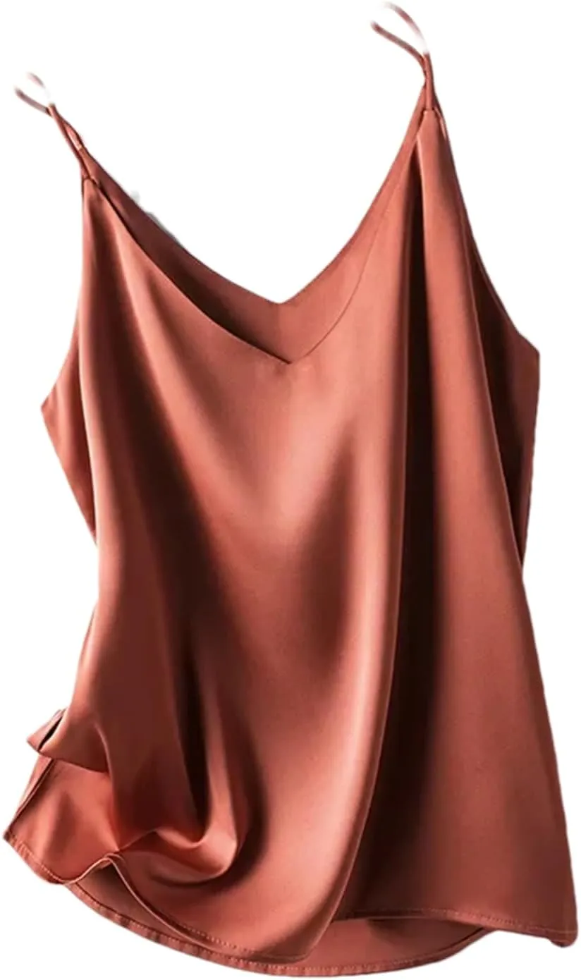 Women's Silk Satin Tank Tops Summer Slim Sleeveless V-Neck Spaghetti Strap Camisole