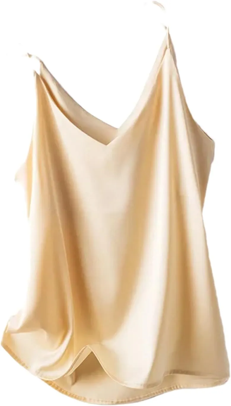 Women's Silk Satin Tank Tops Summer Slim Sleeveless V-Neck Spaghetti Strap Camisole