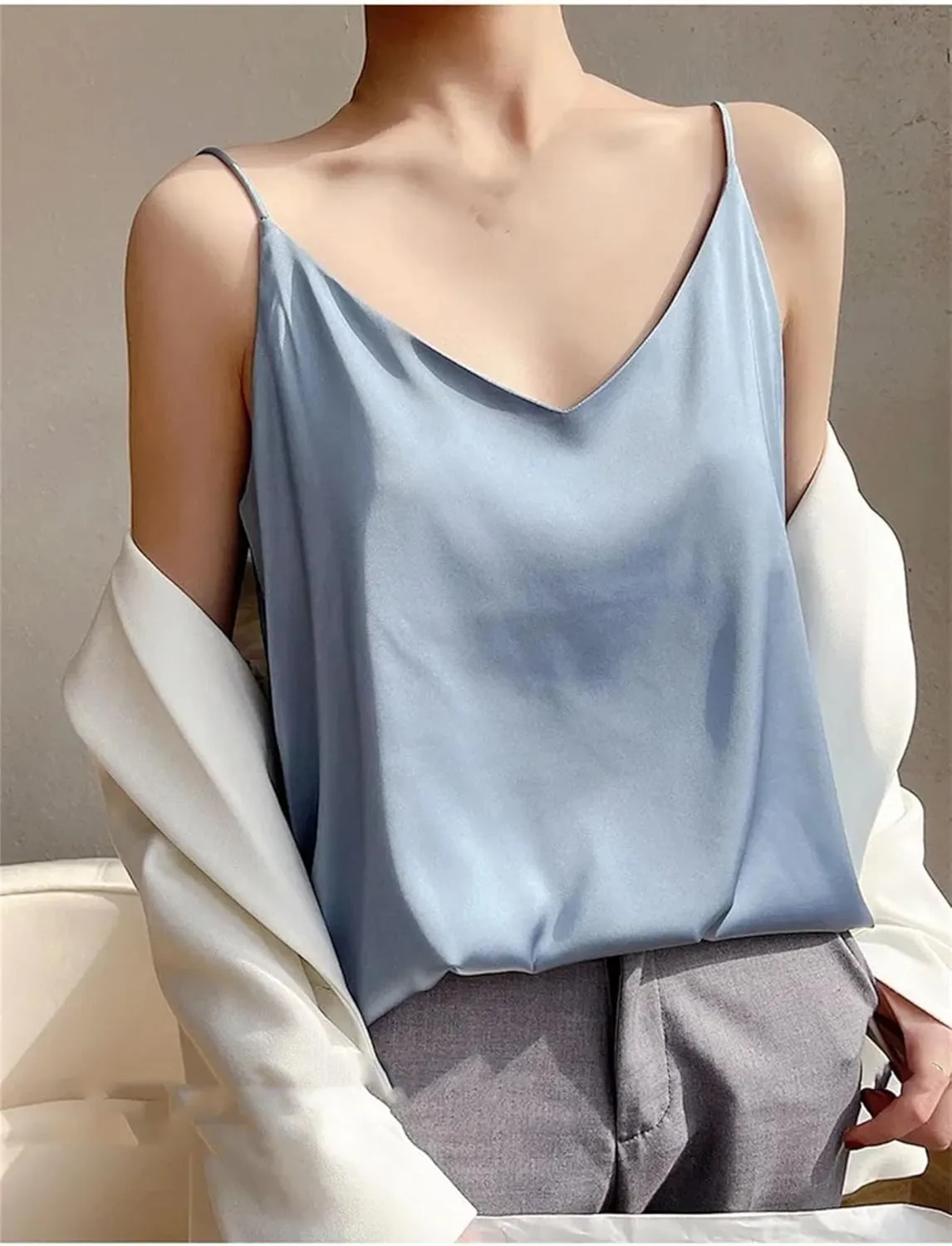 Women's Silky Camisole One-Shoulder Camisole V Neck Spaghetti Strap Blouses