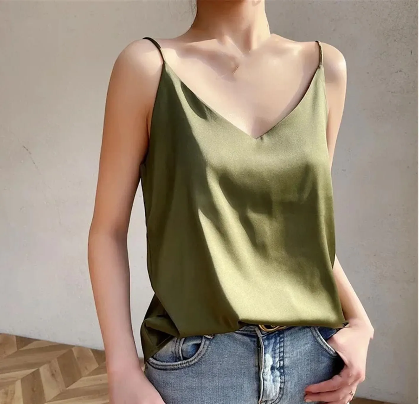 Women's Silky Camisole One-Shoulder Camisole V Neck Spaghetti Strap Blouses