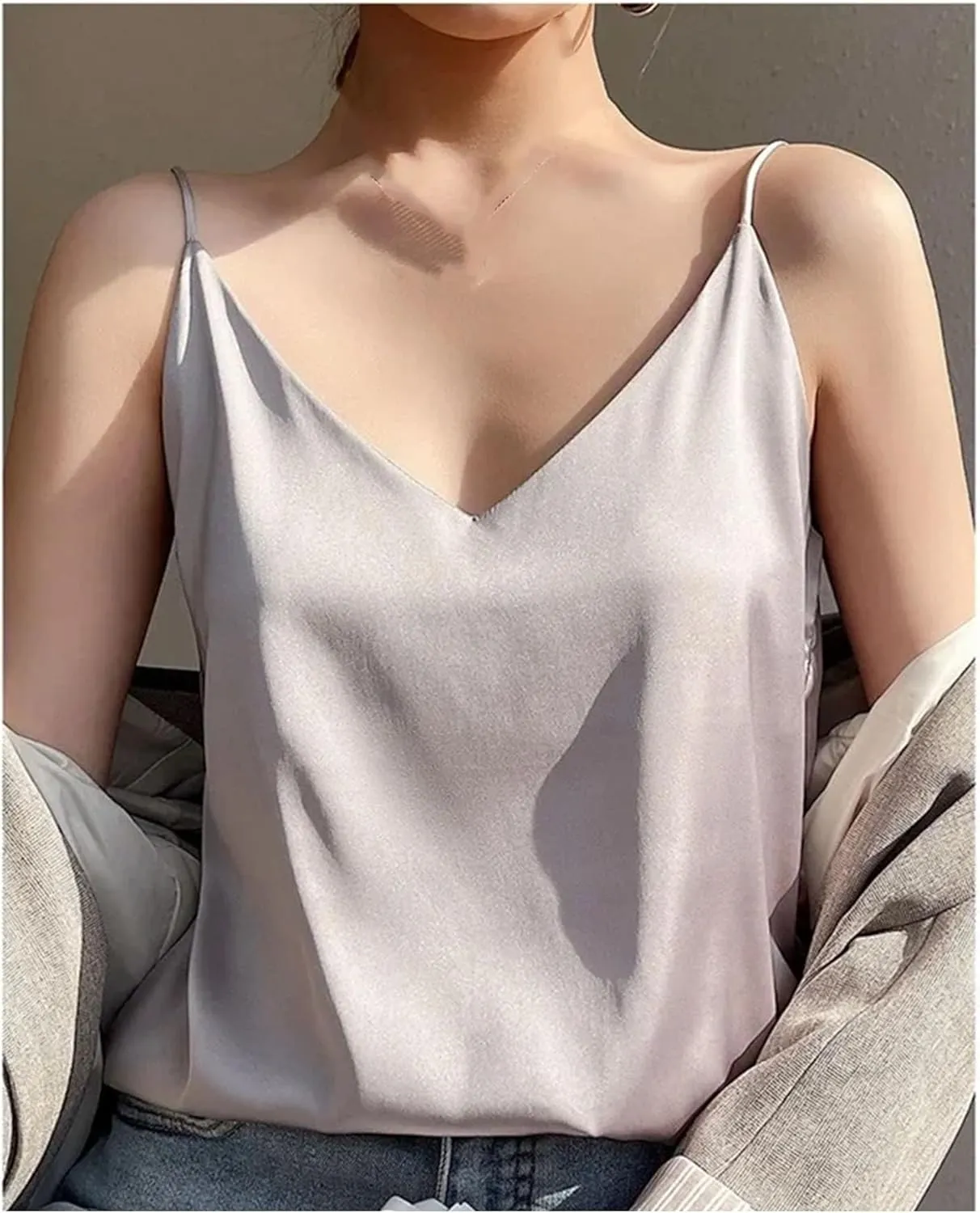 Women's Silky Camisole One-Shoulder Camisole V Neck Spaghetti Strap Blouses