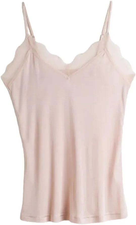 Women's Solid Color Spaghetti Strap Camisoles Mulberry-Silk Tank Tops Lace Spliced V-Neck Cami Vests