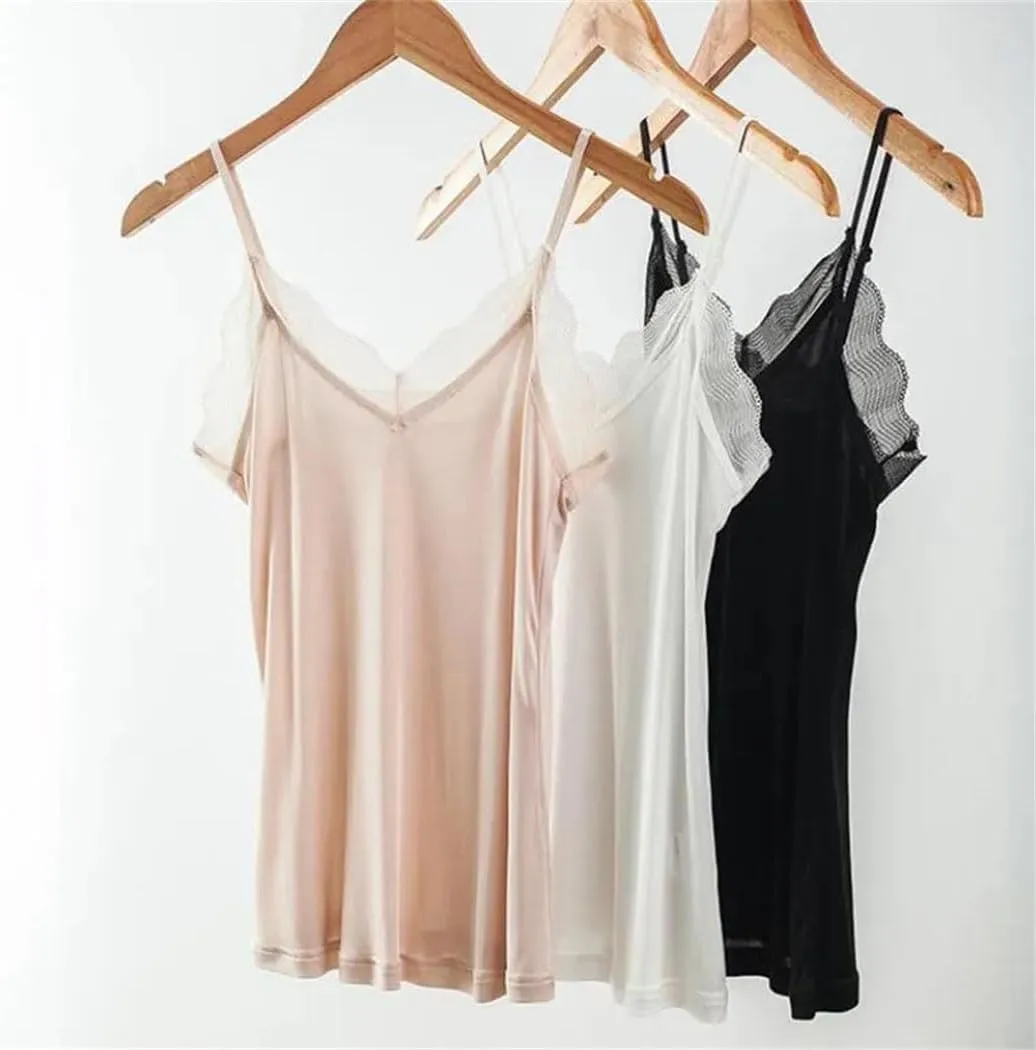 Women's Solid Color Spaghetti Strap Camisoles Mulberry-Silk Tank Tops Lace Spliced V-Neck Cami Vests