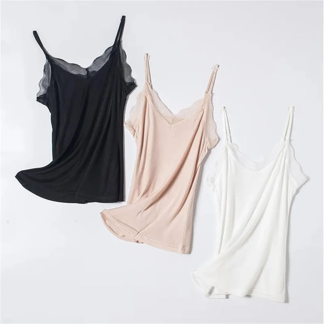 Women's Solid Color Spaghetti Strap Camisoles Mulberry-Silk Tank Tops Lace Spliced V-Neck Cami Vests