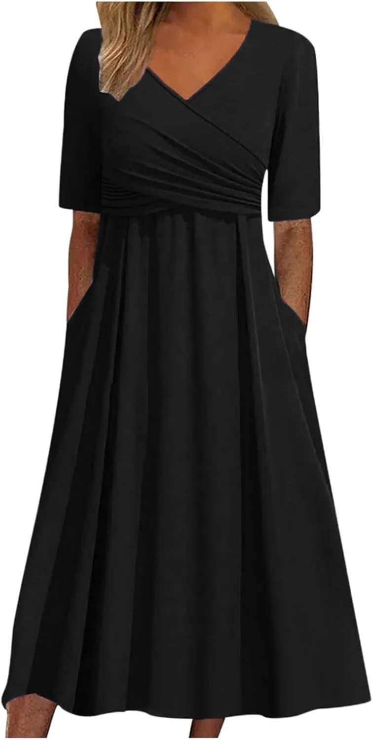 Women's Summer Floral Boho Dress V Neck Short Sleeve Ruffle A-Line Flowy Maxi Wedding Guest Dresses