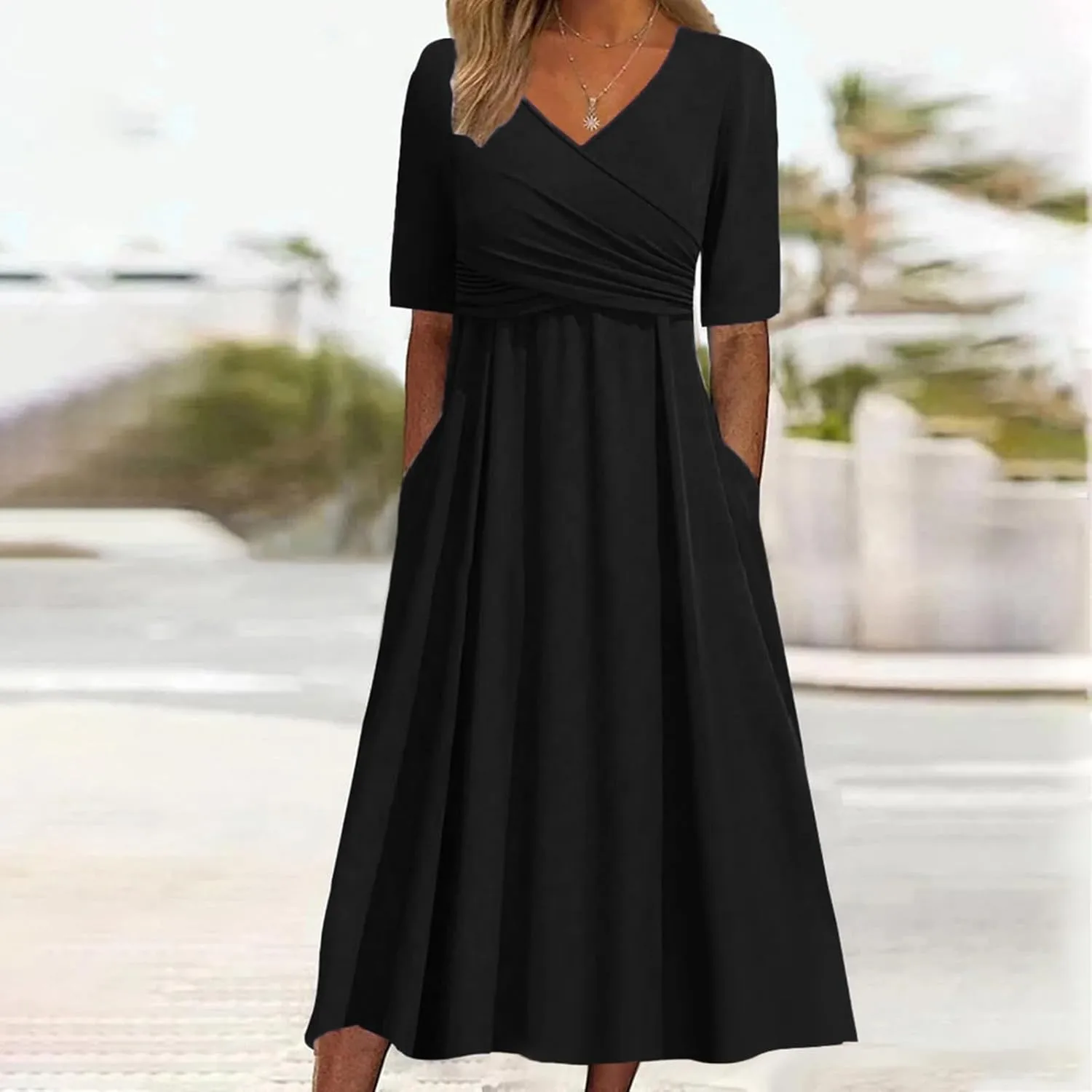 Women's Summer Floral Boho Dress V Neck Short Sleeve Ruffle A-Line Flowy Maxi Wedding Guest Dresses