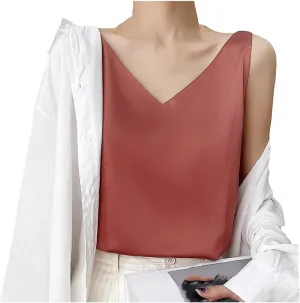 Women's Summer Satin Silk Tank Tops V Neck Camisole Cami Loose Sleeveless Top